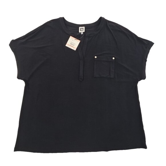 NEW Ann Klein Blouse Women's 2X Black V Neck Short Sleeve NWT Rivets Oversized - Picture 1 of 16